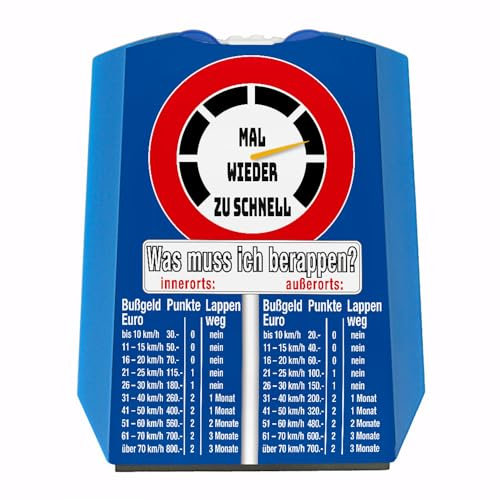 speecheese Zu schnell gefahren Bußgeld Parkscheibe in blau mit Straßenschild Motiv mit Eiskratzer Wasserabstreifer und Einkaufswagen-Chips für Fahranfänger mit Führerschein um den Überblick
