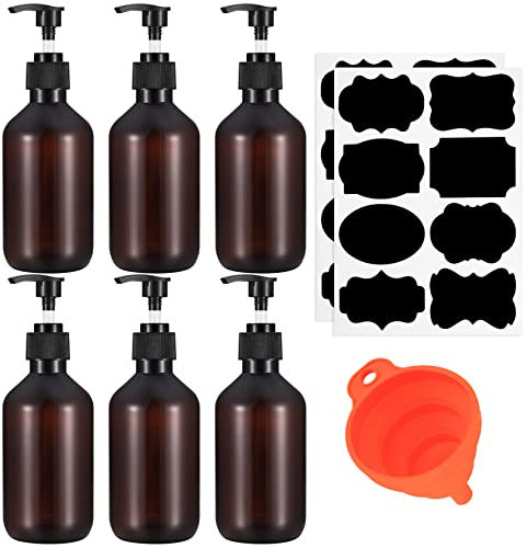 6 Piezas Botellas Dispensadoras de Jabón de Bombas, 300ml Botellas Dispensador de Champú Vacías Reutilizable para Loción, Gel de Ducha, Jabón de Manos, con Embudo, Etiqueta