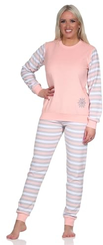 Normann Geringelter Damen Frottee Schlafanzug Langarm Pyjama mit Eiskristall