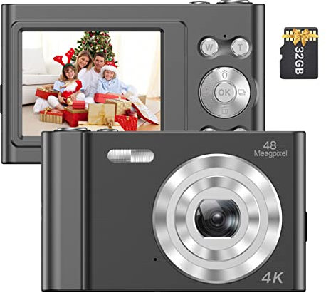 Andoer 4K Digital Camera, 48 MP 2.4 Inch Compact Camera Auto Focus, 16X Digital Zoom, Rechargeable Small Camera with 32 GB Memory Card for Students, Teenagers, Children, Black