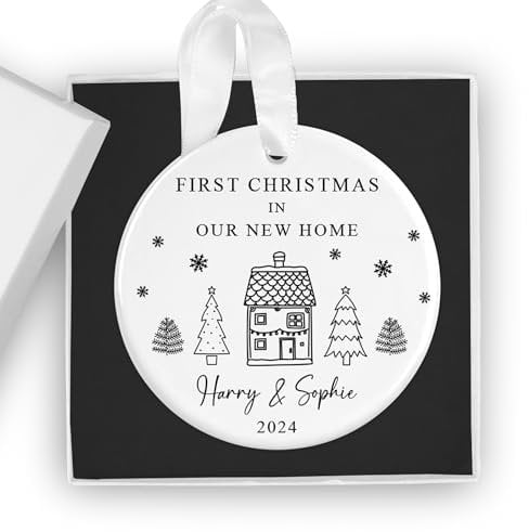 First Christmas in Our New Home - Personalised Ceramic Bauble with Gift Box: A Unique Housewarming Gift for Couples Celebrating a New Beginning