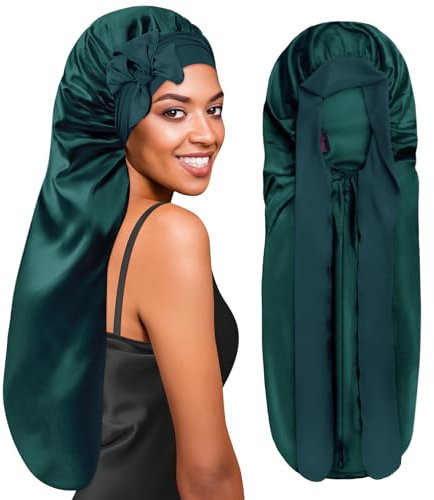 BONNET QUEEN Silk Bonnet for Sleeping Long Hair & Braids Extensions Hair, Satin Long Bonnet for Women, Adjustable Silk Scarf Night Cap with Tie Band, Dark Green