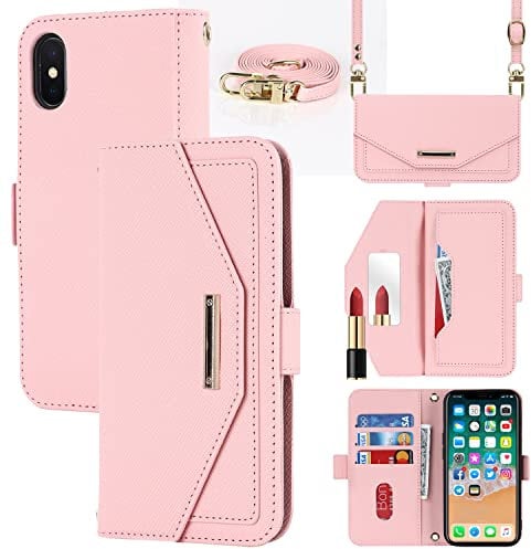 Cavor Case compatible with iPhone X/XS Phone Case With Strap,Crossbody Flip Leather Wallet Case,[5 Card Holder][Mirror][Magnetic],Lanyard Case Cover for women - Pink