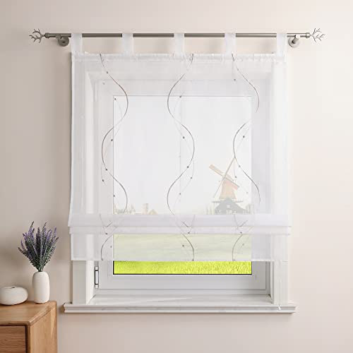 CORLIF Raffrollo Landhaus Raffgardine Küche Modern Schlaufenrollo Leinenoptik mit Wellenmuster Transparente Rollos Kurz Fenster Schal mit Schlaufen B/H 80/140 cm Sand
