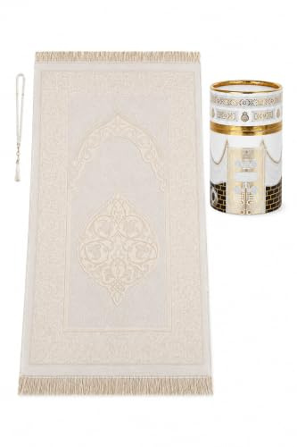 ihvan online Muslim Prayer Rug and Prayer Beads with Elegant Design Cylinder Gift Box, Janamaz, Soft Sajadah, Islamic Gifts Set, Portable Prayers Carpet Mat, Taffeta Fabric, White / Mod2