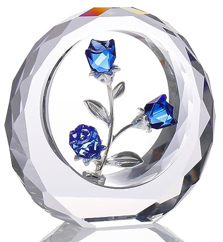 Fiore di rosa blu cristallo statuetta regalo per lei, bouquet di rose in vetro da collezione, fermacarte romantico idea regalo per donne, mogli, San Valentino, anniversario ornamenti (blu)