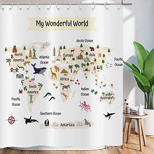 ASDCXZ Duschvorhang Lustig 180x180 cm, Weltkarte Nette Tiere Lustig Weiß Waschbar Textil Badezimmer Vorhänge Polyester Stoff Wasserdicht Duschvorhänge für Badewanne mit 12 Duschvorhang Hake