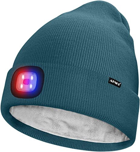 ATNKE Unisex LED Mütze mit Licht,Wiederaufladbare USB 4 LED Rot und Blau Leuchten Blinkender Laufmütze Lampe Warme Gefüttertes Fleece Stricken Mütze für Herren und Damen Geschenke/Olive Green
