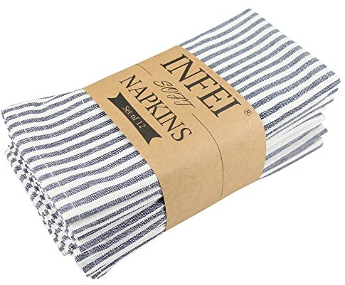 Plain Striped Cotton Linen Blended Dinner Cloth Napkins - Set of 12 (40 x 30 cm) - for Events & Home Use (Navy)