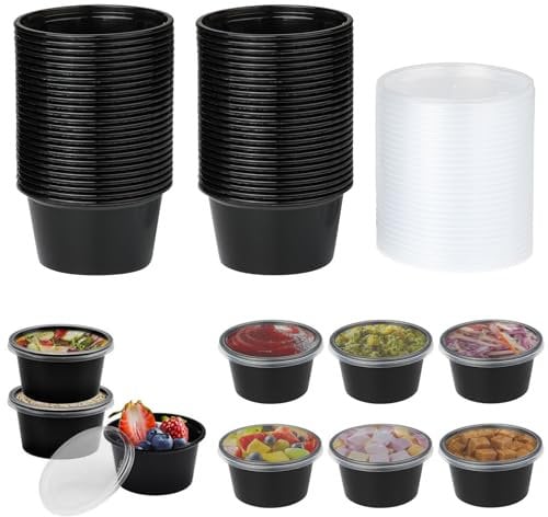 Jogoico Lot de 50 Contenants en Plastique avec Couvercles, 4OZ Pots à Sauce en Plastique avec Couvercle, Boîte à Sauce, Récipients à Emporter pour Sauces, Condiments, Micro-ondes, Réutilisable