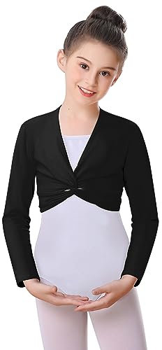 DGSHIRLDJO Mädchen Ballett Wickeljacke Gymnastik Tanz Ballettjacke Langarm Baumwolle Ballett Strickjacke für Mädchen Damen (as3, Numeric, Numeric_140, Regular, Schwarz)