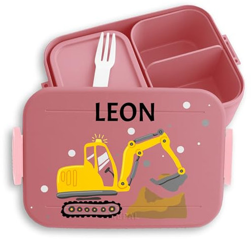Kinder Bento Box Midi Lunchbox für Mepal Bentobox - Brotdose Bagger mit Name personalisiert I Baggerfahrer I Bagger Fan Baumaschine - 900 ml - Rosa - personalisierte geschenke kind