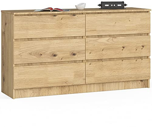 AKORD | Kommode K-140 mit 6 (2 x 3) Schubladen | für das Wohnzimmer Schlafzimmer Schrank Büro Arbeitszimmer | Modernes Funktionales Design | B138 x H77 x T40 cm, Gewicht 51kg | Eiche Artisan