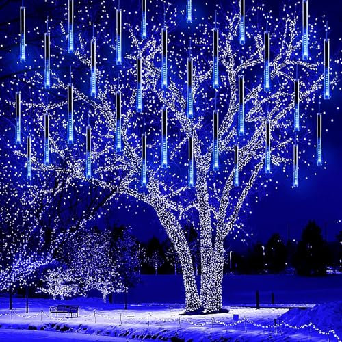 Kwaiffeo Weihnachtsdeko Aussen, 10 Röhren LED Meteorschauer Lichterkette Außen, Wasserdichte Fallende Regen Lichter für Weihnachten Halloween Weihnachtsbaum Hochzeit Garten Fenster, Blau