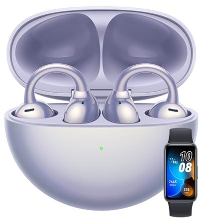 HUAWEI FreeClip Wireless Earbuds - Open Ear Bluetooth Earphones with Long Lasting Battery & AI Crystal Clear Sound - Lightweight In-Ear Headphones Purple Band 8 Fitness Watch Black