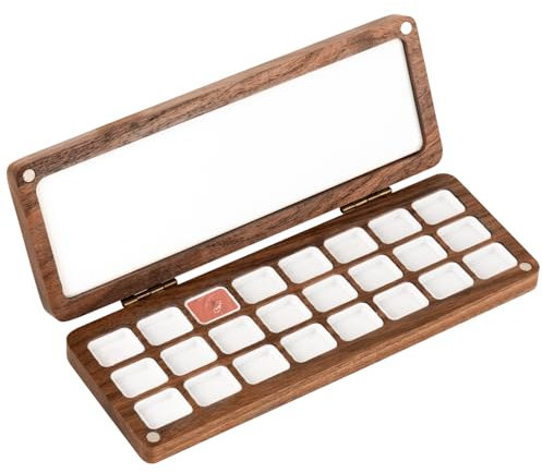 SHIDOW Holzpalettenbox, leere Holz-Aquarellpalette, mit 24 halben Näpfchen, Gitter für Wasserfarbe, Gouache, Acrylfarbe (1 x Walnuss)