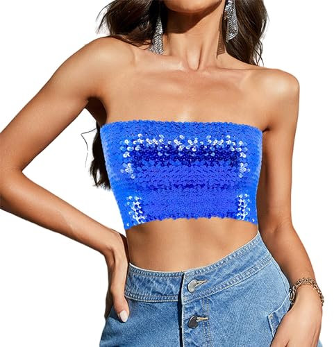 Segreto Damen Glitzer Pailletten Tube Top Sexy Ärmellos Vintage Bandeau Top Meerjungfrauen Trägerlos Crop Top Dunkelblau