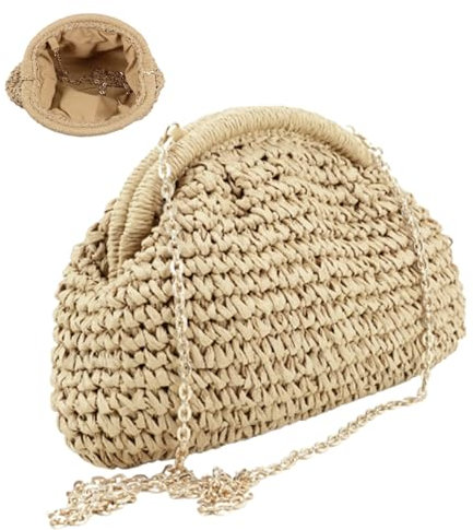Stroh-Umhängetaschen für Damen, Clutch, Umhängetasche, Korbtasche, Strandtasche, Sommer-Schulterhandtasche, gewebte Knödeltasche, 2024 (Beige)