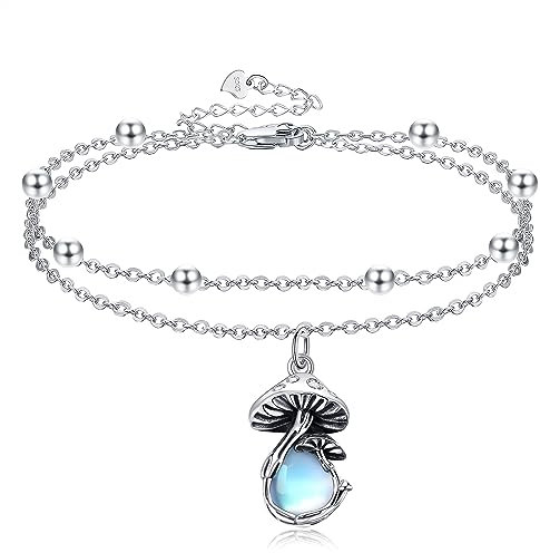 VENACOLY Champignon Bracelet de cheville en argent sterling 925 avec pierre de lune Chaîne de cheville champignon Saint-Valentin Bijoux Cadeau pour femme, Argent sterling, No Gemstone