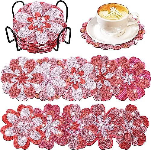 LKTM Diamond Painting Untersetzer, 10 Stück Kawaii Sakura Untersetzer Weiß und Rosa Coaster Pads Silikon rutschfest hitzebeständig Untersetzer Kawaii Accessoires Geeignet für Familien Restaurant
