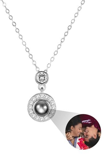 MMXX Personalisierte Projektion Halskette mit Bild im Inneren für Frauen 925er Sterling Silber Foto Halskette Bild Versteckte Gedenkkette Ich Liebe Dich 100 Sprachen (H1: Silber)