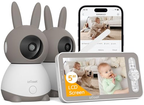 ieGeek 3MP Camaras Vigilancia Bebe con 2 Camaras, Vigilabebes con Camara con 5” Pantalla Dividible, 355° PTZ Control Remoto de Móvil, Seguimiento Automático, Detección de Llanto, Audio de 2 Vías