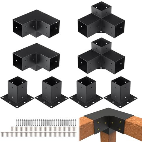 VEVOR Kit Staffe per Pergola 10x10 cm Supporto per Pali in Legno da Carpenteria 4 Staffe Angolari a 3 Vie 4 Basi per Travi Fai da Te per Gazebo, Pergolati da Patio, Cabine, Kit Staffe per Pergola 8 pz