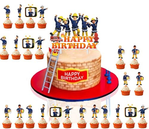 25 Stück Feuerwehrmann Tortendeko Feuerwehr, Cartoon Torte Topper Set, Kuchen DekoTopper, Karikatur Cupcake Topper Feuerwehrmann, Kuchendeko Geburtstag Party Supplies für Kinder