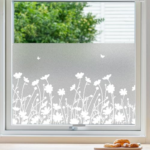 Fensterfolie Blickdicht Sichtschutzfolie Fenster Blumenmuster Milchglasfolie Selbstklebend Fenster Statisch Folie ohne Klebstoff Klebefolie Fenster für Bad, Büro, Küche