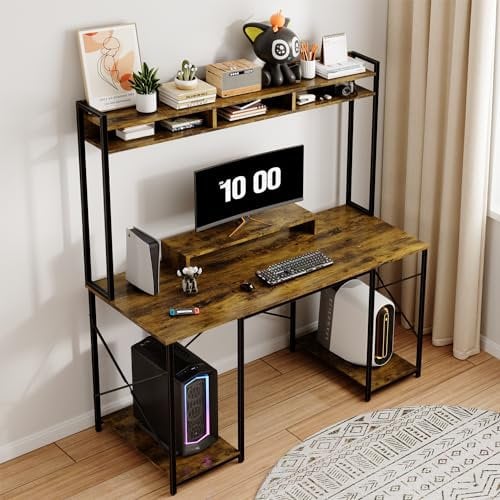 Devoko Computer Desk With Movable Monitor Stand, Large Storage Space,120x60cm Large PC Gamer Desk Workstation, Ergonomic Gaming Table, Adjustable Foot pad For Bedroom, Living Room, Rustic Brown
