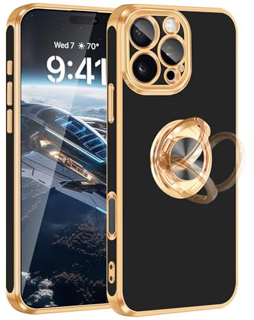 Fingic for iPhone 16 Pro Case[with 360°Rotatable Ring Holder][Support Magnetic Car Mount] Shiny Plating Gold Slim Thin Soft TPU Shockproof Case for iPhone 16 Pro for Women Men,6.3,2024,Black