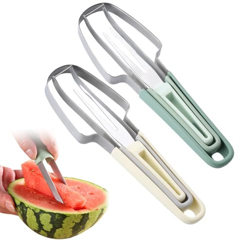 Matame Wassermelonengabel Schneidewerkzeug,3-in-1 Obstschneider aus Edelstahl Doppelkopf-Obstgabeln-Schneidemesser mit rundem Griff, Sommer Wassermelonen-Fruchtschneidegabel (Beige+Grün)