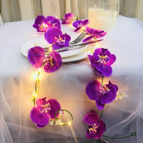Künstliche Orchideengirlande mit 20 LEDs Lichterkette Batteriebetrieben 2 m Schmetterlingsorchideenranke Künstliche Blumengirlande Lichterkette für Schlafzimmer,Tischdekoration (Lila Orchidee)