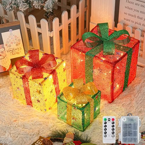 Arespark Set di 3 Luci Scatola Regalo Natalizie, 50 LED Decorazione con 8 Modalità Luminose, IP44 Illuminate per Albero di Natale, Finestre