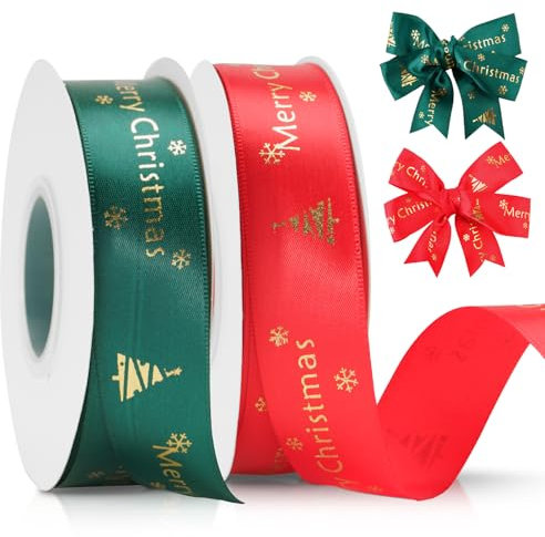jijAcraft Satinband Weihnachten 25mm, Rot und Grün Weihnachtsband mit Weihnachtsbaummuster, 44m Geschenkband Merry Christmas Stoffband – für Weihnachten, Dekoration und Geschenkverpackung