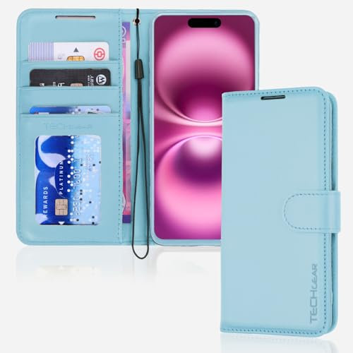 TECHGEAR iPhone 16 Plus Leather Wallet Case, Protective Flip Case Cover [RFID BLOCKING] Wallet Card Holder, Stand & Wrist Strap - Light Blue PU Leather with Magnetic Closure for iPhone 16 Plus 6.7