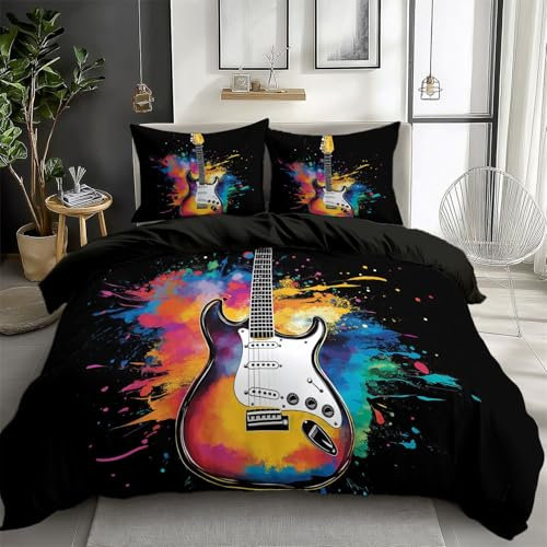 CozyRest Luxus Bettwäsche Set, Mikrofaser Rockinstrument Aquarell Gitarre Bettbezug, 3-teilig, Antiallergisch, Schlafkomfort für Doppelbett, Weich, Hautfreundlich, Reversibel Schwarz 200 x 200 cm