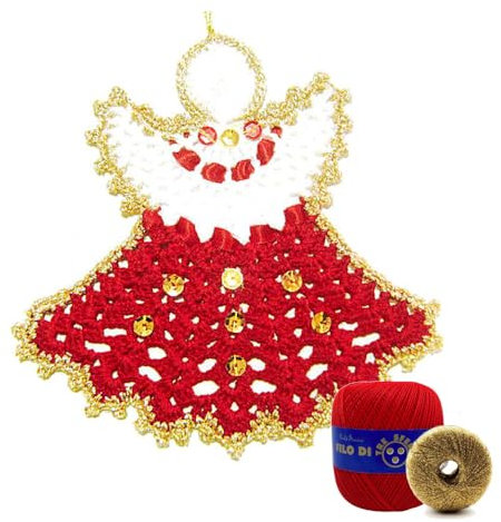 Häkeln Rot und Gold Engel für Weihnachten aus Baumwolle 14x14 cm (4NT) – Made in Italy