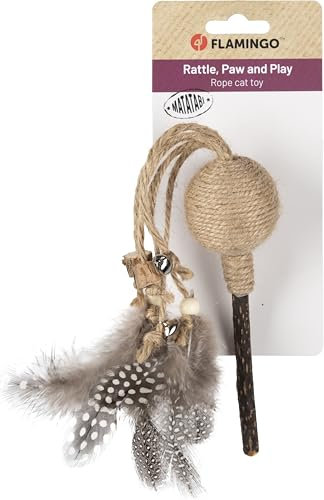 Flamingo Juguetes para Gatos – Palo Yutsa con Pelota marrón – Madera matatabi y Cuerda de Yute con Cascabel, Cintas y Plumas
