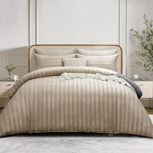 Simply Amelia Double Duvet Cover Sets Premium Hotel Quality Brushed Microfiber Satin Stripe Quilt Cover Set with Pillowcases Hypoallergenic Ultra Soft Microfiber (Beige, 200 x 200 cm)