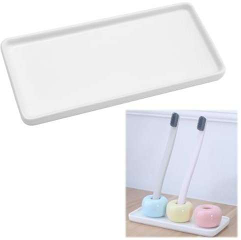 THKO White Rectangle Vanity Tray Organiser Ceramic Tray for Tissue Paper Candle Perfume Shampoo Toothbrush Water Glass