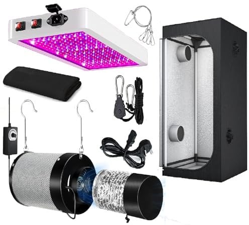Indoor Grow Tent Kit, Full Spectrum LED Light, Carbon Filter System, 4-Piece Complete Setup with Thermohygrometer (80 x 80 x 160 cm)