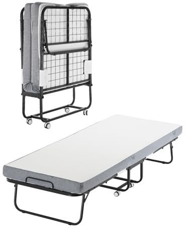 VEVOR 31 in x 75 in Folding Bed with 4 in Mattress, Twin Size, White, Metal Frame & Memory Foam Mattress, Portable Rollaway Bed, 300 lbs Weight Capacity, Adult, Guest