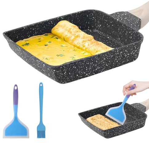 BORDEAG Poele - Tortilla japonesa, sartén para tortilla, rectangular japonesa, con mango extraíble compatible, con espátula de silicona y cepillo de aceite, 18 x 15 cm