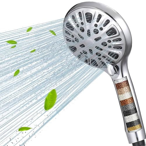 Filtered Shower Head with Handheld, High Pressure 9 Spray Mode Chrome Showerhead with Filters,Detachable Shower Head,Water Softener Filters Beads for Hard Water -Remove Chlorine