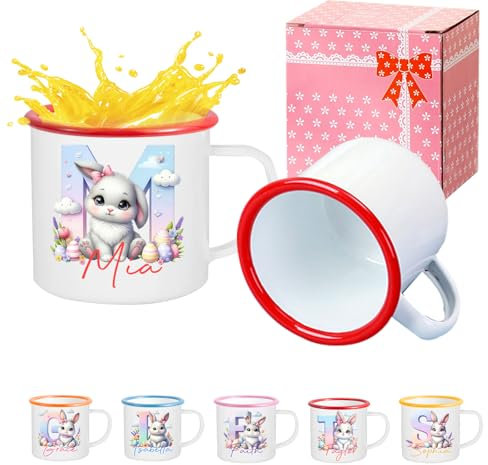 Tasse en émail personnalisée en forme de lapin de Pâques pour enfants, tasse de camping avec nom et initiale, cadeau de Pâques pour garçons et filles, 340 g, tasse à café durable pour chasse aux œufs