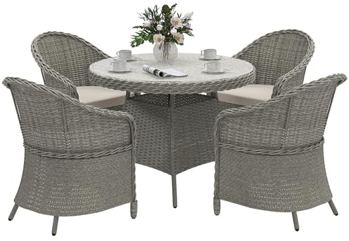 Outsunny 4 Seater Rattan Garden Furniture Set with Cushions, Round PE Rattan Dining Set with Glass-Top Table, Umbrella Hole, Outdoor Garden Table and Chairs, Grey