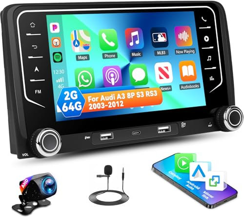 Zomolither 2+64G Android 13 Car Stereo for Audi A3 8P S3 RS3 2003-2012 with Wireless CarPlay Android Auto, 7 Touchscreen Radio with WiFi GPS Mirror Link Bluetooth EQ FM RDS Type-C USB Backup Camera
