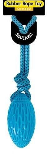 Dog Squeaky Rubber Rugby Ball and Rope Dog Toy, With Squeaker, Colourful Tugs, Dental Health, Durable Ropes, Rubber Ball, Dental Cleaning, All Breeds, Puppies, Small, Medium, Large. 3 Colours (Blue)