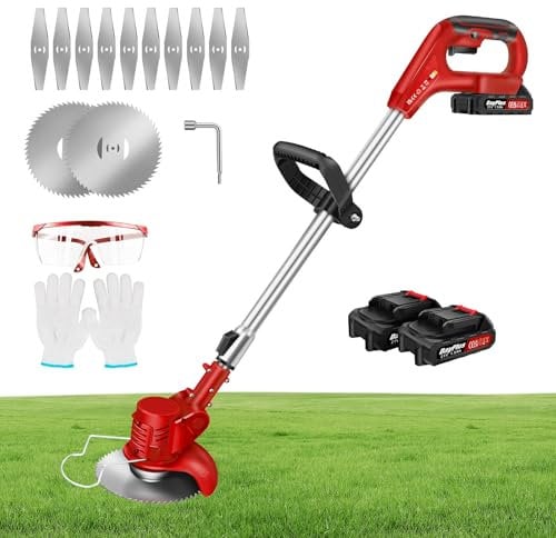 Cordless Grass Strimmer with Metal Blade, 2-in-1 Electric String Trimmer/Edger with Adjustable Angle Head, Lawn Edger Cutter, Included 2 x 1.5Ah Battery & Charger, Red